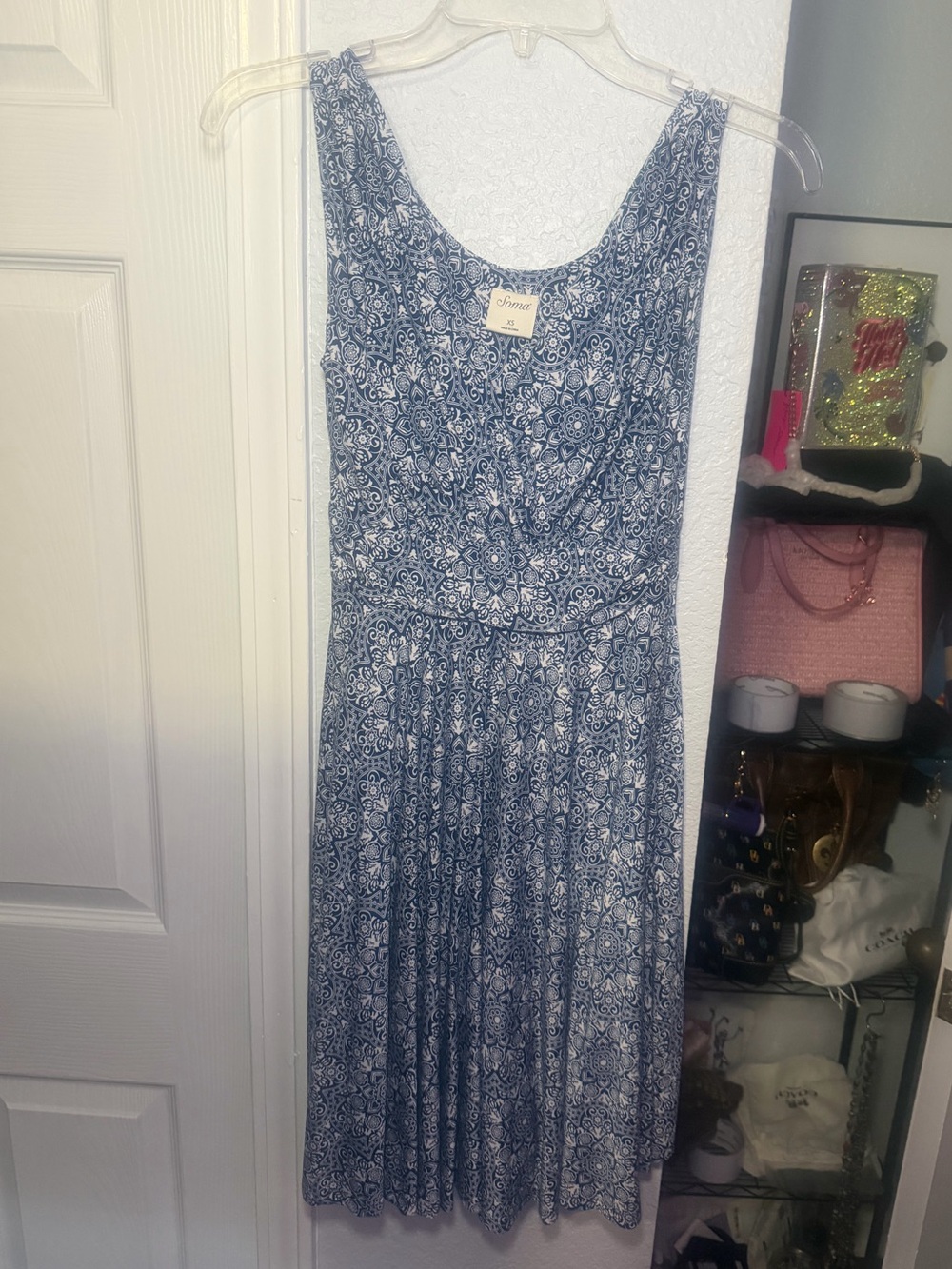 Soma Blue and White Sleeveless Printed Dress